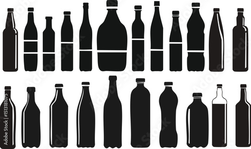 Vector Illustration of Diverse Glass Bottle Silhouettes in Two Rows on White Background, Featuring Tall Beer Bottles, Rounded Liquor Containers, and Rectangular Juice Bottles in Minimalist Graphic 