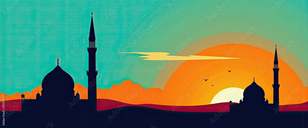 Naklejka premium Mosque Silhouette at Sunset with Minarets and Orange Sky Illustration
