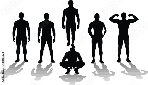 Silhouette of seven men in various poses standing on a white background with their shadows cast behind