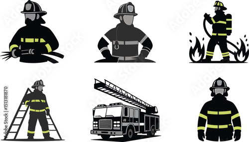Flat Vector Firefighter Icons on Emergency Services and Fire Safety Equipment for Graphic Design Projects