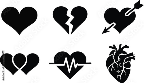 A collection of six heart icons in black silhouette on a white background in a two row arrangement