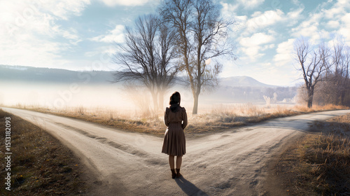 Abstract image of a woman standing at a symbolic crossroads capturing the emotional intensity of critical life choices and the fear of stepping into the unknown with no way to turn back