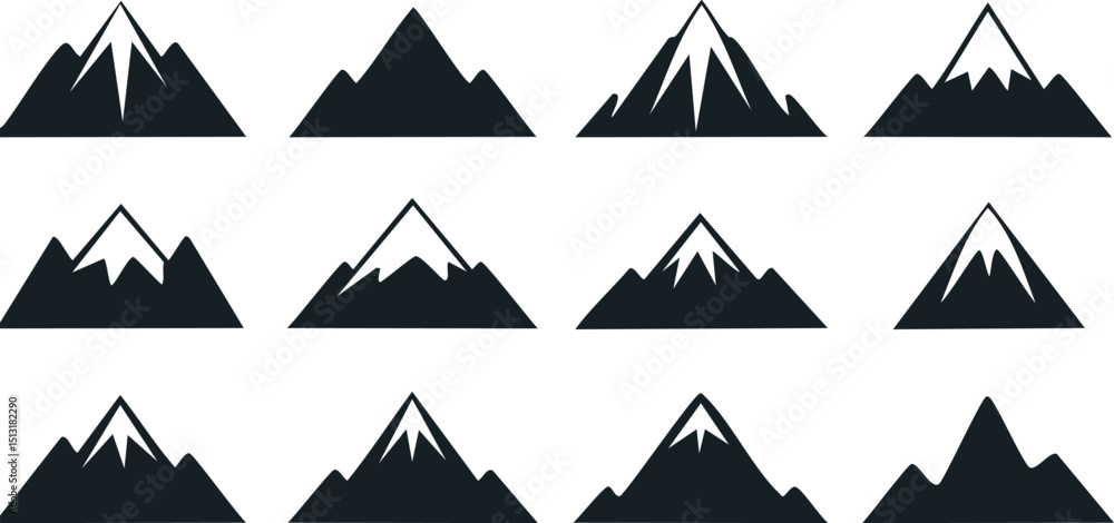 Vector Set of Twelve Minimalist Black Mountain Silhouettes Arranged in a Grid with Varied Sharp and Rounded Peaks Featuring Snow-Capped Triangular Tops on White Background
Vector Set of Twelve Minimalist Black Mountain Silhouettes Arranged in a Grid with Varied Sharp and Rounded Peaks Featuring Snow-Capped Triangular Tops on White Background