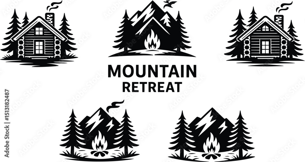 Fototapeta premium Monochrome Mountain Retreat Logo with Cabins and Pine Trees Silhouette for Outdoor Adventure Brand Identity Design