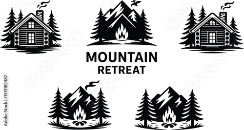 Monochrome Mountain Retreat Logo with Cabins and Pine Trees Silhouette for Outdoor Adventure Brand Identity Design