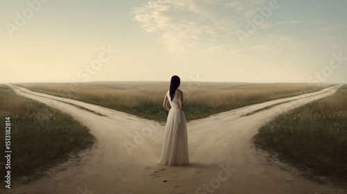 Abstract image of a woman caught between two paths at a fork in the road symbolizing the emotional tension of feeling pulled in opposite directions by desire, logic, and fear