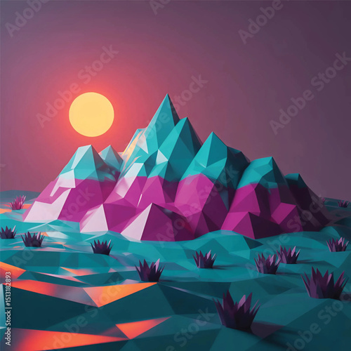 Low Poly Colorful Mountain Landscape with Sunset in Abstract Digital Art