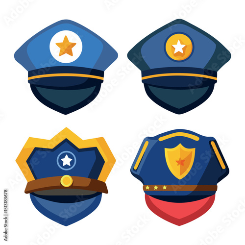 Cartoon Flat Design Police Hats Collection; Four Styled Blue Caps With Star Insignias