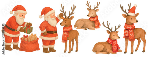Vector freehand christmas set of minimalistic children's watercolor illustrations of deer and Santa Claus isolated on white background. Hand drawn reindeer watercolour clipart for design.