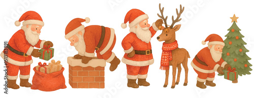 Vector freehand set minimalistic watercolor clipart illustration of Santa Claus. Hand drawn collection watercolour Christmas Santa's 