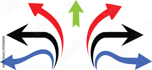 Abstract vector graphic with arrows symbolizing opposing forces, movement, and tension, using bold red, green, blue, and black arrows on a white background, with a clean, modern infographic style.