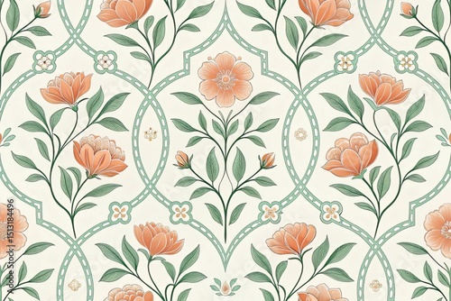 Elegant floral pattern featuring peach flowers, verdant leaves, and a decorative latticework design on a cream backdrop, ideal for wallpaper, fabric, and vintage-inspired backgrounds.