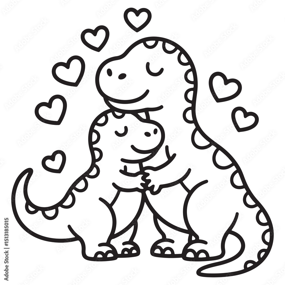 Mother and Baby Dinosaur with Hearts Coloring Page Mother and Baby Dinosaur with Hearts Coloring Page