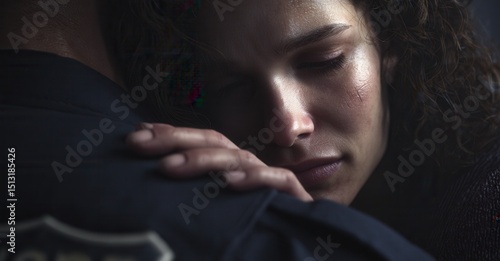 Comfort in Uniform: A woman finds solace in the embrace of an officer, finding peace and reassurance in a time of hardship and vulnerability.