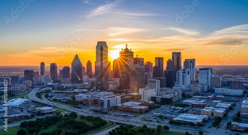 Breathtaking Dallas Texas Skyline at Sunrise—Modern Skyscrapers, Urban Downtown Cityscape, Vibrant Morning Sunburst, Iconic Texas Architecture, Scenic Urban Landscape Aerial View
