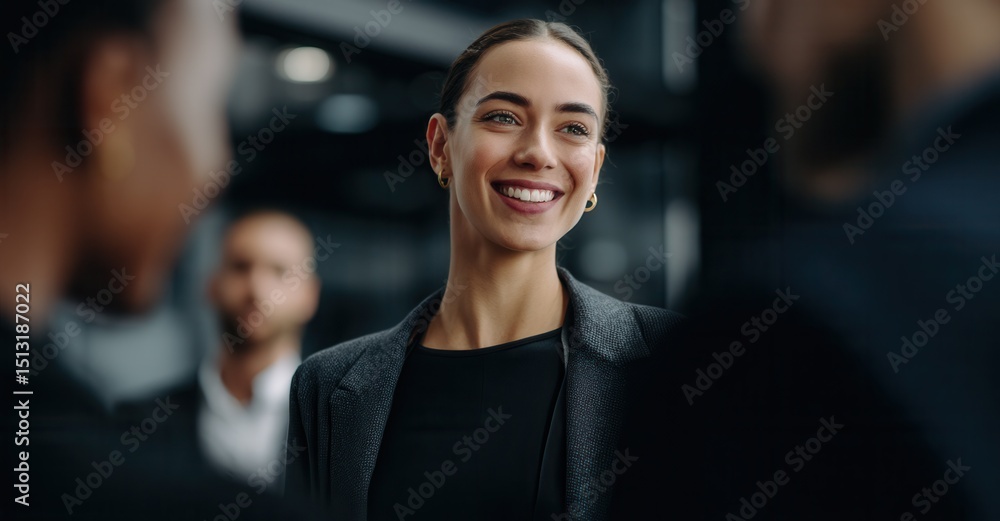Fototapeta premium A professional woman smiles confidently while engaging in a discussion with colleagues in a modern office setting, exuding poise and optimism.