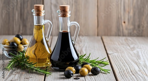 Mediterranean Olive Oil, Balsamic Vinegar, Fresh Olives, and Rosemary Herbs on Rustic Wooden Table – Healthy Cooking Ingredients for Gourmet Food and Salad Dressing