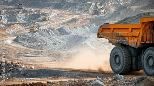 Heavy-duty dump truck transporting materials in a mining site with machinery operating in the background