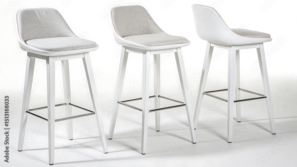 Obraz premium Three modern white bar stools with gray upholstered seats presented against a clean white background in a studio shot