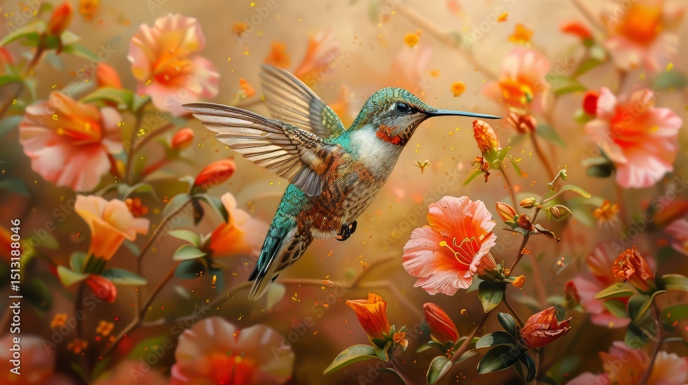 Obraz premium A vibrant scene of a hummingbird hovering over bright, delicate flowers, capturing the rapid motion and vivid colors with hyper-realistic clarity