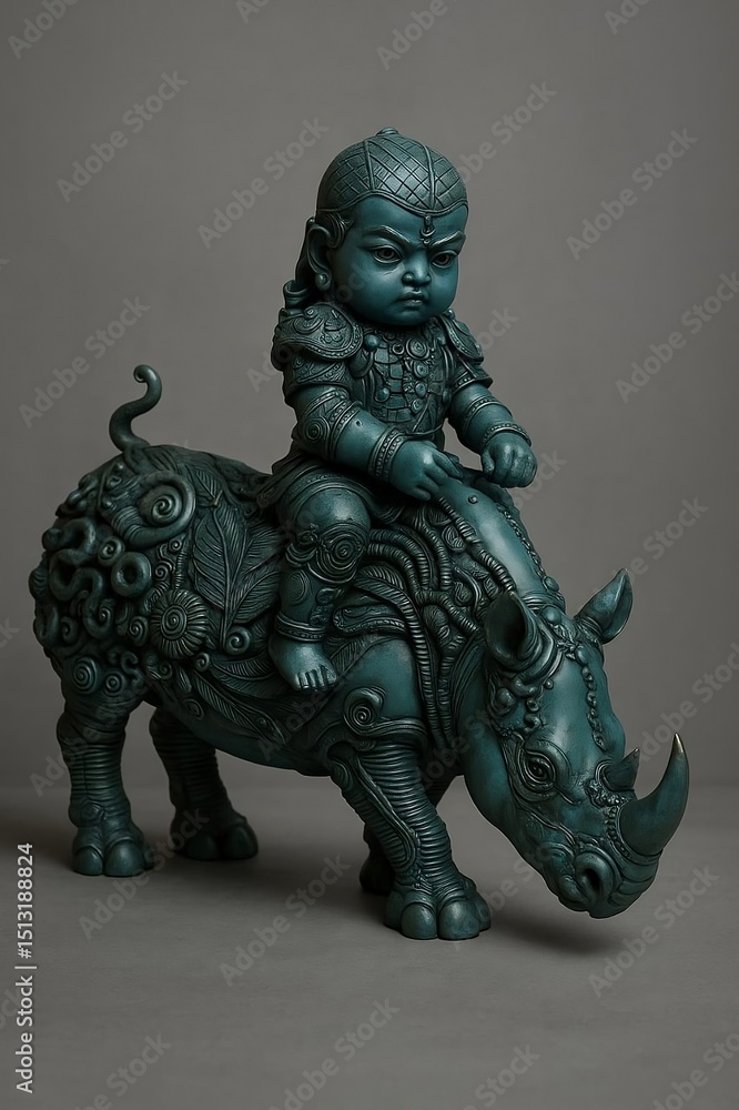 Mythical Bronze Warrior Child Riding Rhinoceros Sculpture with Intricate Ornamental Details and Patinated Finish for Art Collectors Mythical Bronze Warrior Child Riding Rhinoceros Sculpture with Intricate Ornamental Details and Patinated Finish for Art Collectors