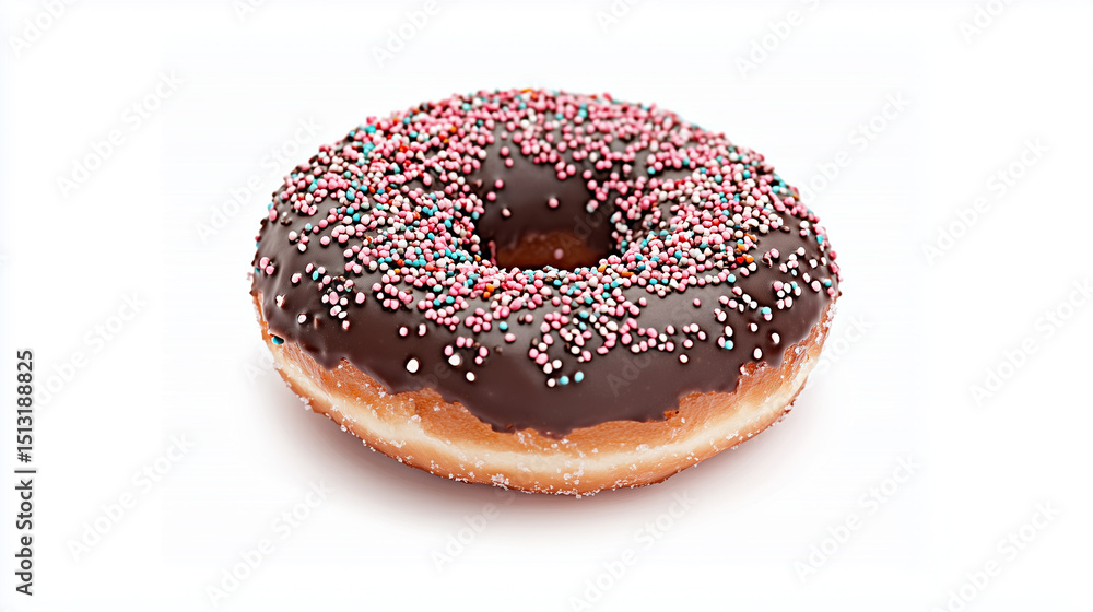 A chocolate-covered donut with colorful sprinkles, placed on a white background. A chocolate-covered donut with colorful sprinkles, placed on a white background.