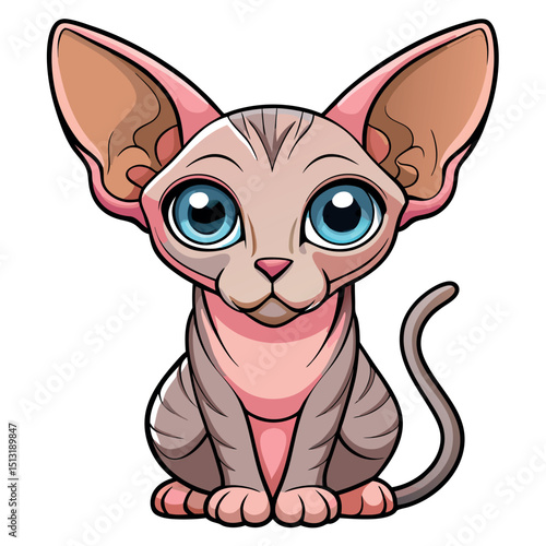 Cartoon Sphynx Cat with Big Blue Eyes, Sitting Isolated on White Background, Pet Animal