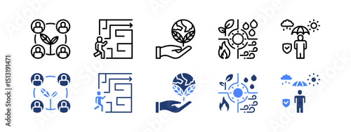 Mitigation plan icon set with Community, Evacuation Plan, Ecology, Natural Resources, Protection.