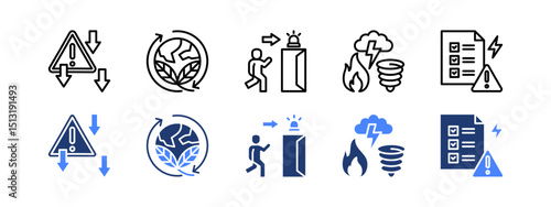 Mitigation plan icon set with Reduction, Sustainability, Emergency Exit, Disaster, Identification.