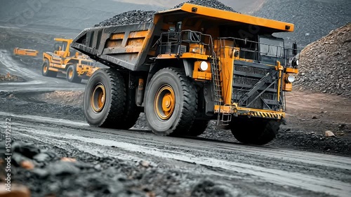 Large mining truck transporting coal on a rugged terrain with machinery and mountains in the background