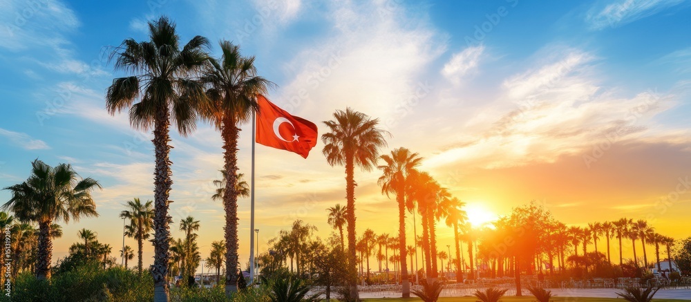Obraz premium Serene Sunset in Turkey with Palm Trees and a Waving Turkish Flag