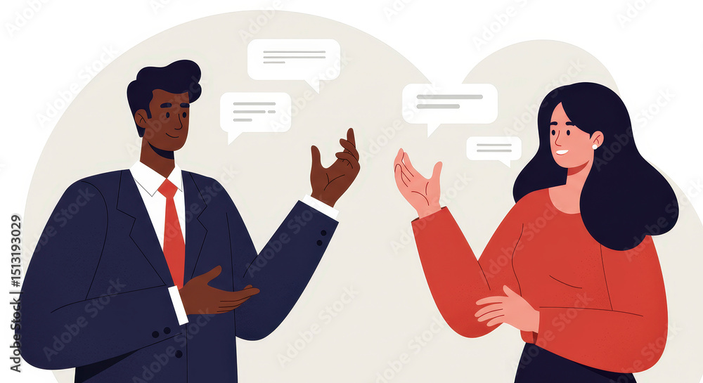 Man and Woman in Business Attire Engaging in Conversation Man and Woman in Business Attire Engaging in Conversation