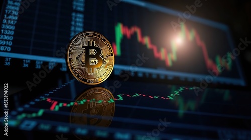 Silhouetted Bitcoin on Fluctuating Stock Chart A Low Angle Perspective