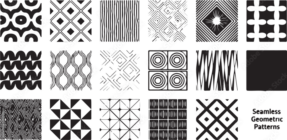 Fototapeta premium Seamless Geometric Patterns - A Diverse Collection of Black and White Designs