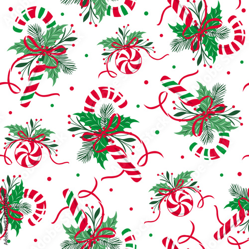 Christmas Candy Cane, Peppermint Candy, Greenery, with Bows, and Snowflakes Seamless Pattern. White Background- Christmas Seamless Patter Vector Illustration