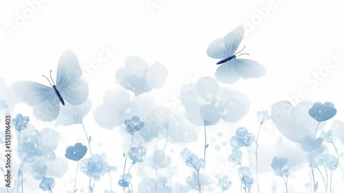 Two blue butterflies flutter above delicate blue flowers against a white background. The scene conveys a sense of tranquility and nature's beauty.