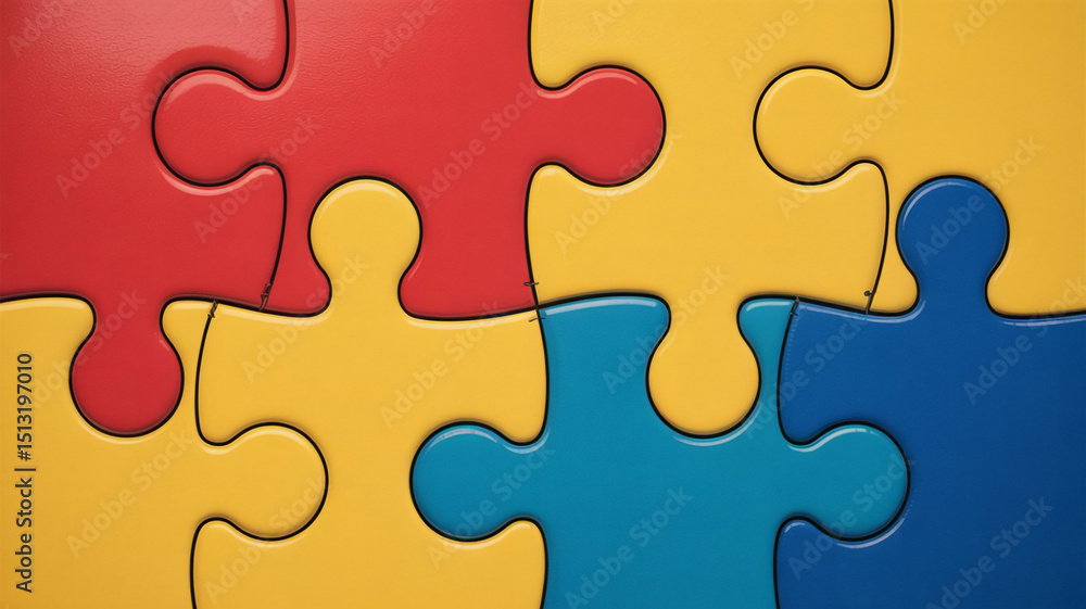 Close-up of interlocking colorful puzzle pieces in red, yellow, blue, and orange Close-up of interlocking colorful puzzle pieces in red, yellow, blue, and orange