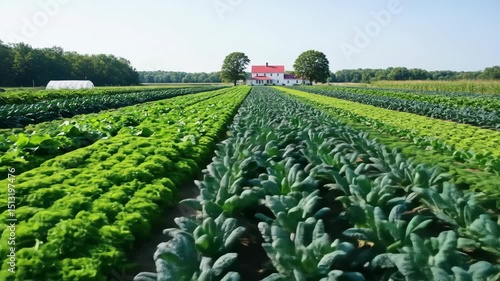 A vast agricultural field with rows of green vegetables, including lettuce and kale. A farmhouse is visible in the background under a clear blue sky.