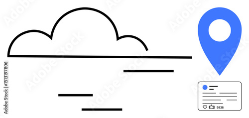 Cloud with lines symbolizing data, blue geolocation pin, user interface card with social interaction details. Ideal for navigation, cloud technology, data sharing, social connection, digital
