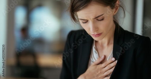 Woman experiencing chest discomfort, possibly heartburn or anxiety, with worried expression, hand on her chest, seeking relief.