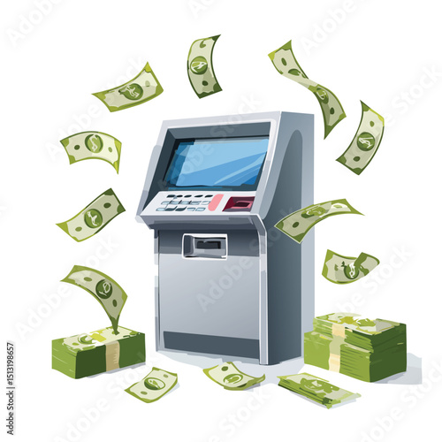 ATM machine with dollar bills flying out Isometric style.