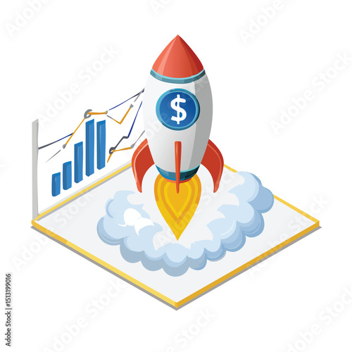 Dollar sign rocket launching with smoke trail of graphs Isometric style.