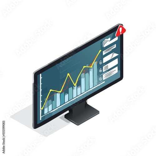 Screen showing volatility chart with alert warning Isometric style.