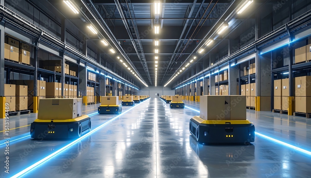 Fototapeta premium Automated Warehouse with Autonomous Robots and Bio-Luminescent Lines