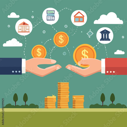 Hands exchanging money with business icons floating around