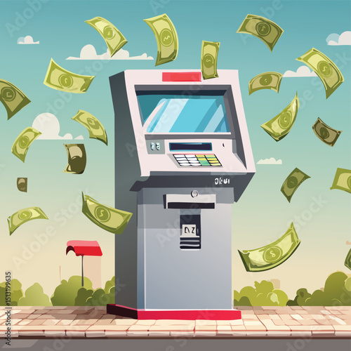 ATM machine with dollar bills flying out