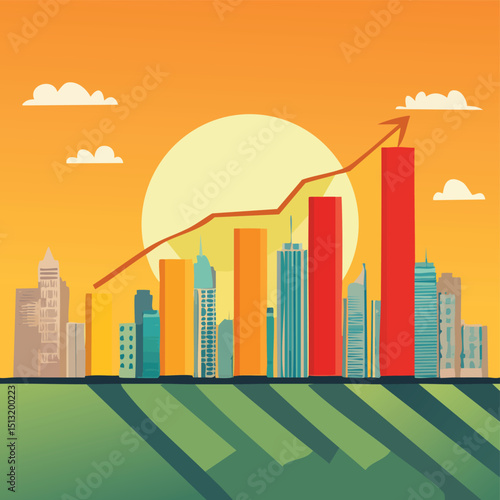 Bar chart transforming into a city skyline under a rising sun representing economic growth