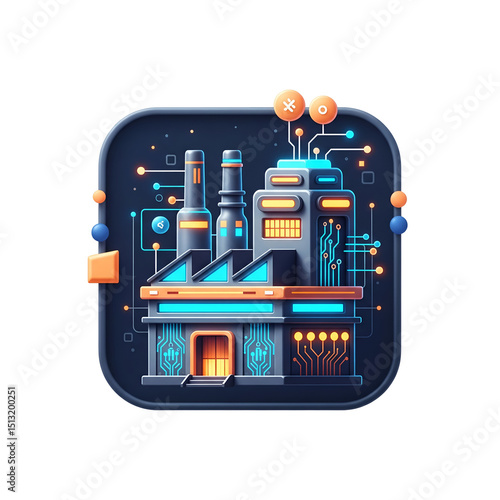 3D digital factory icon with modern industrial design elements isolated on transparent background for tech UI and automation visuals


