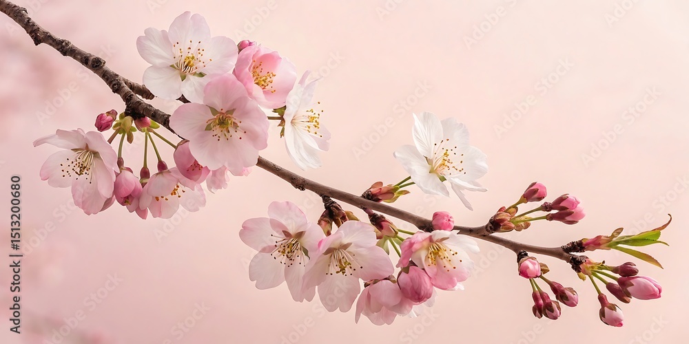 Fototapeta premium Delicate Cherry Blossom Branch with Pink and White Flowers Against a Soft Pink Background in a Horizontal Composition