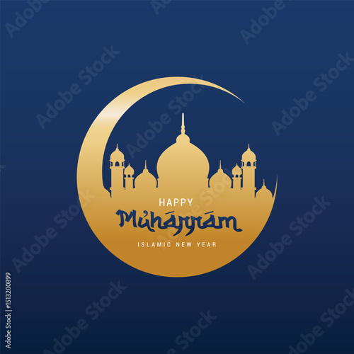 Vector illustration Happy muharram islamic new year with mosque on crescent moon.